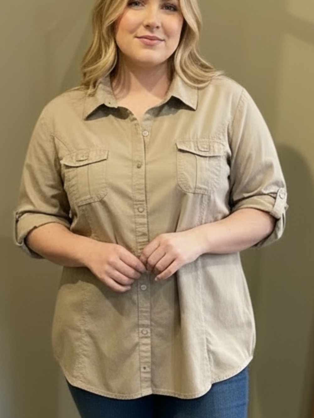 CJ Banks khaki Camp Safari shirt 3X